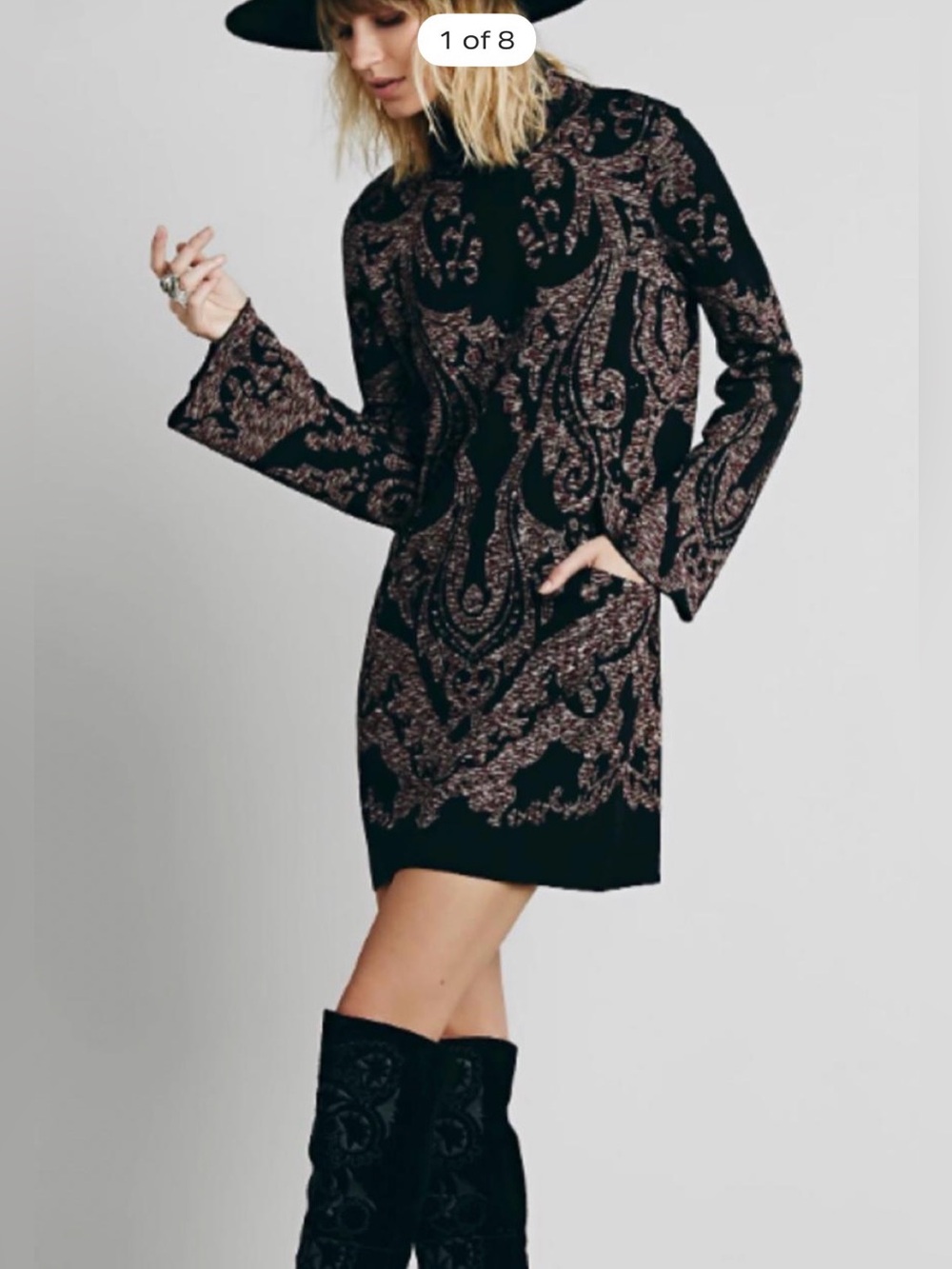 Free People Modern Love Mock Neck Black Paisley Long-Sleeve Sweater Mini Dress